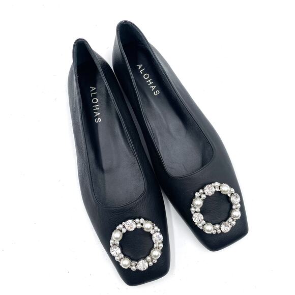 Alohas Bella Crystal Ballet Flats Black Pearl Leather Square Toe Sz 37 / 6.5 - Picture 2 of 10